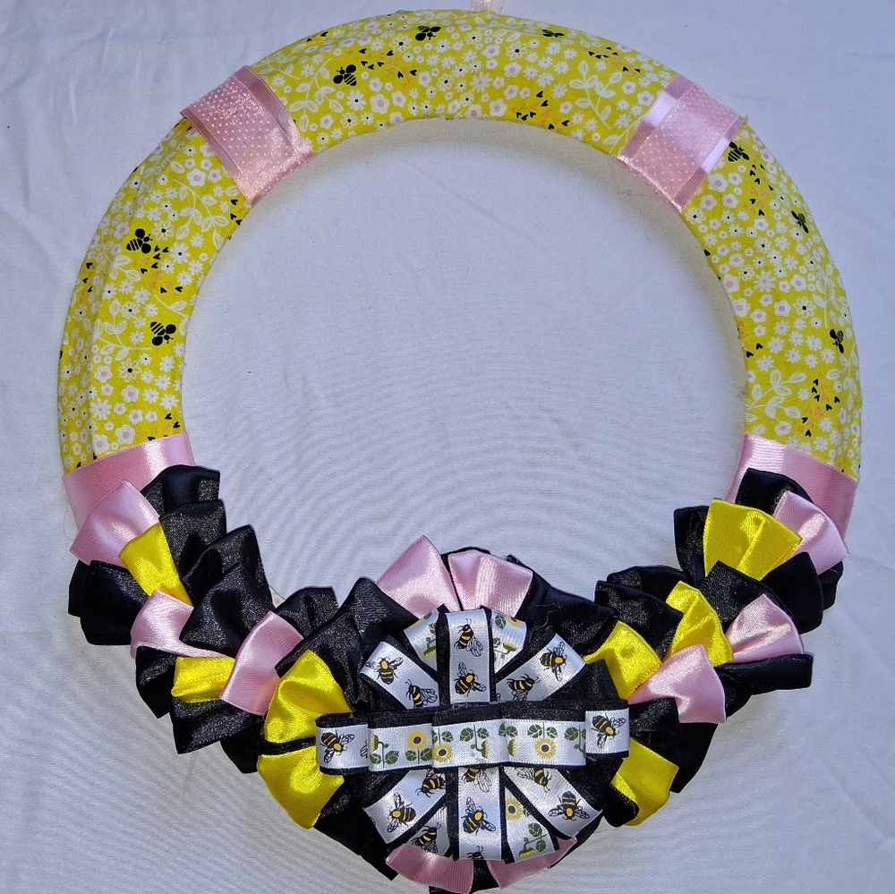 Yellow and Black Bee Wreath with Pink Accents
